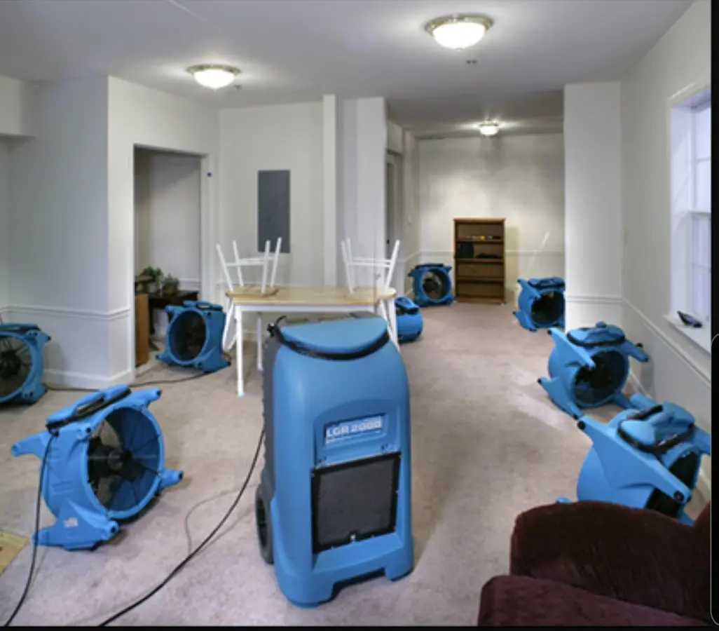 Air movers and dehumidifier setup for Water Damage Restoration in Broadview Heights